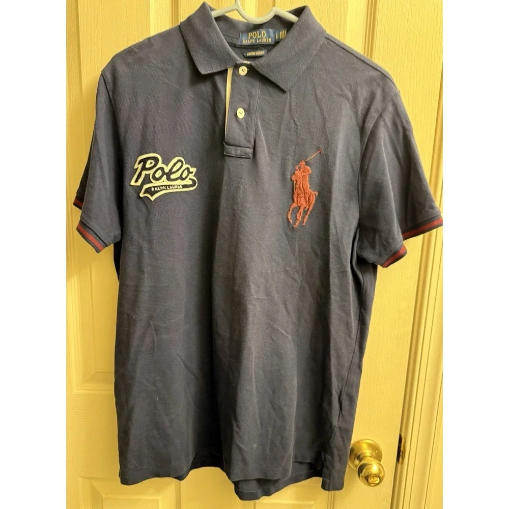 Polo‎ Ralph Lauren Blue Varsity Script Letter Polo Shirt Men's Large Slim Fit